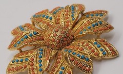 Vintage Gold Tone Pink Peach And Blue Beaded Large Sunflower Brooch