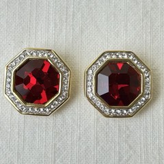 Swarovski Large Clip On Earrings Ruby Red Clear Crystal Gold Tone Octagon S.A.L.