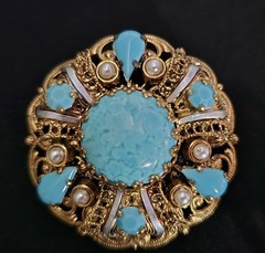 West Germany Faux Turquoise & Pearls Gold Tone with Enameling Brooch & Earrings