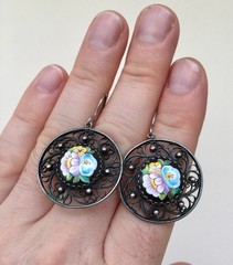 Vintage Painted Enameled Earring Soviet Cupronickel Finift Hand Wrought Filigree