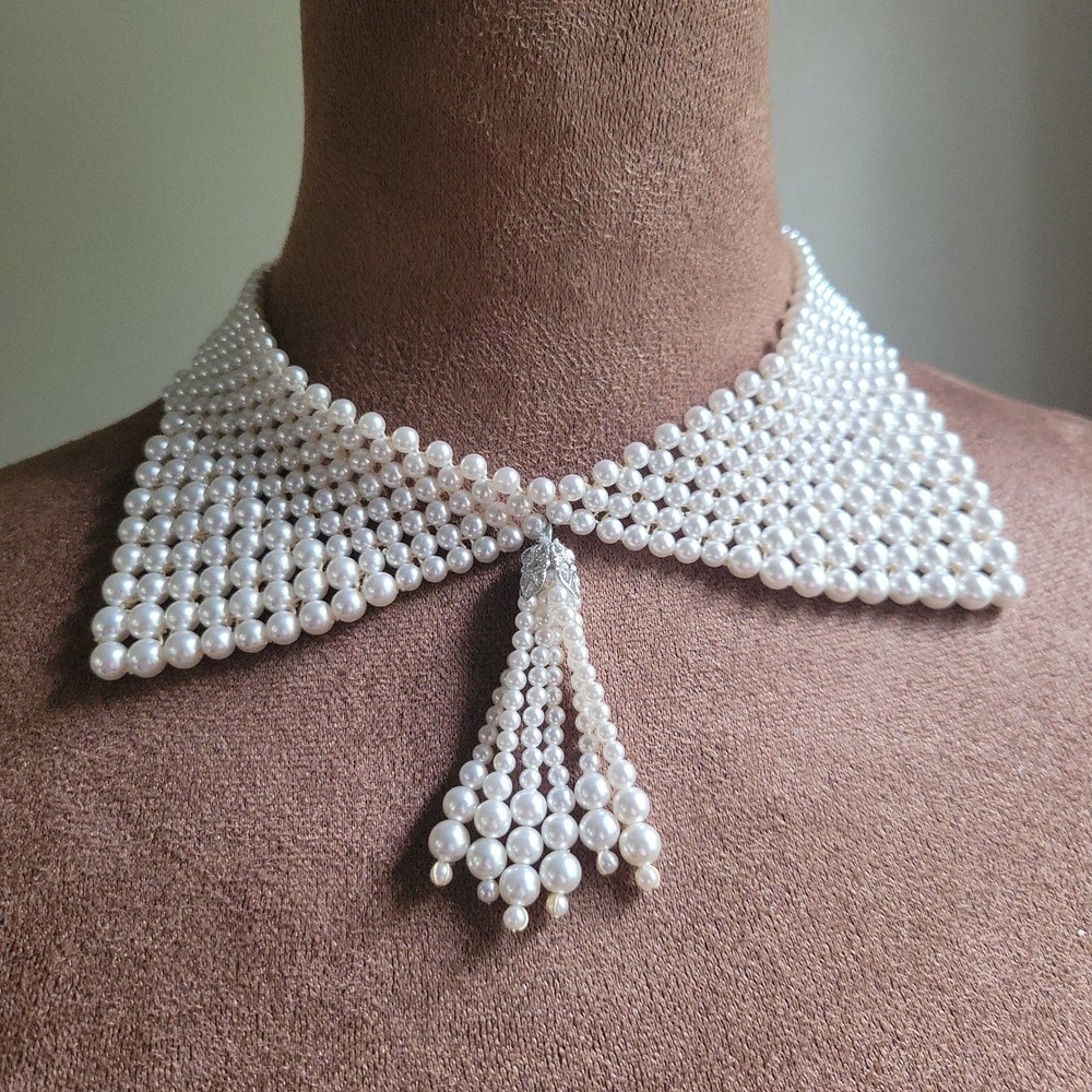 Vintage Japan Faux Pearl Collar Tassel Necklace Rhinestone Clasp 13″ Coquette