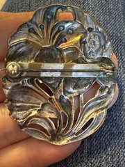 Vtg Art Nouveau Lily Flower Large St Anthony Religious Silver Copper Oval Brooch