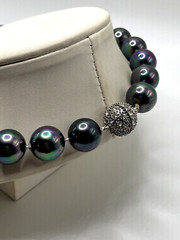 Black Tahitian Glass Pearl 13mm Iridescent Peacock Crystal Fireball Necklace VTG