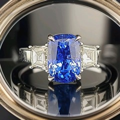 18K White Gold Engagement Ring 5.50CT. Flawless Natural Blue Sapphire Cushion