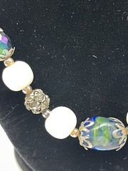 Vintage White Natural Stone Infused Art Glass Aurora Bead Crystals 28” Necklace