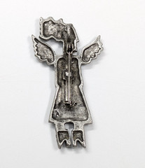 Vintage Silver Tone Winged Angel Fairy Holding Heart Brooch Pin 2.25″ Celestial