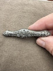 Antique Silver Tone Filigree Brooch Pin w/Rhinestones