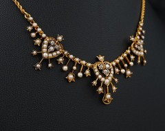 Antique 18K Gold Diamond Seed Pearl Garland Necklace Late Victorian 14.5″ NG1888