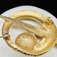 Florenza Vintage Gold Tone Rhinestone Orbit Swirl Brooch Textured 3” Modernist
