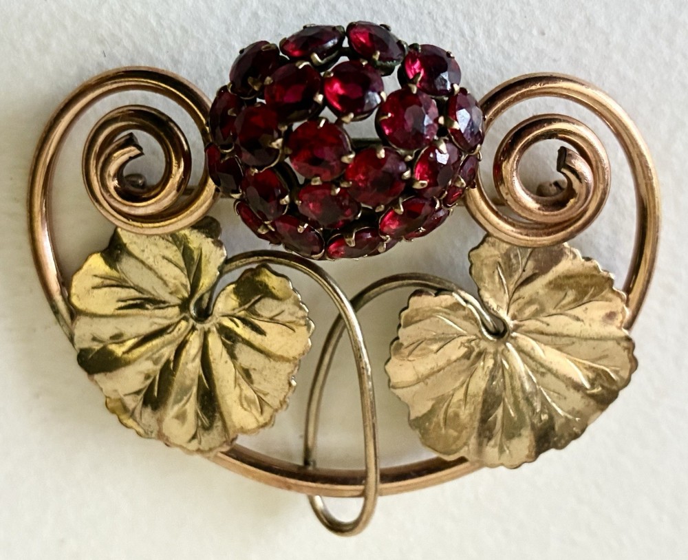 Vintage Arts & Crafts Floral 2 Tone Brass & Copper Cranberry Red Rhinestone Pin