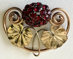 Vintage Arts & Crafts Floral 2 Tone Brass & Copper Cranberry Red Rhinestone Pin