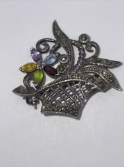 VTG Sterling Silver Marcasite Gemstone Flower Basket Brooch Pin Designer Signed