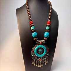 Chunky Vintage Necklace Wood Beads Boho Chunky Blue Resin Pendant