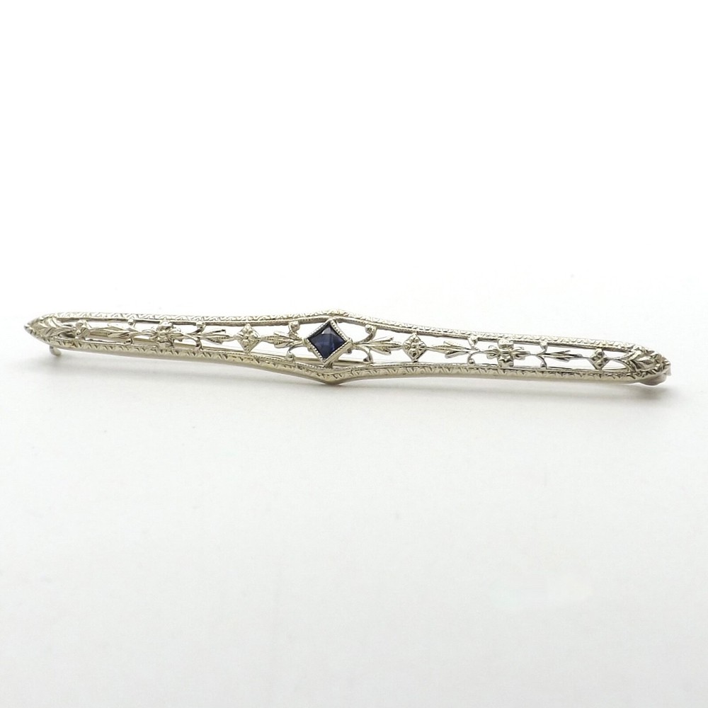 Art Deco 10k White Gold Sapphire Flower Bar Brooch Pin September Birthstone