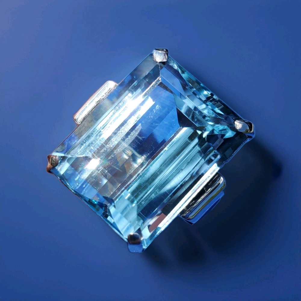 Original LONDON blue Topaz Deco Engagement Ring Vintage Statement 14K WHITE GOLD