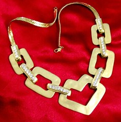VTG RUNWAY GEOMETRIC SATIN GILT PAVE RHINESTONE MODERNIST/DECO NECKLACE CHIC