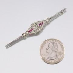 Estate 14k White Gold Art Deco Era Diamond and Ruby Bar Brooch Pin GAL Appraisal