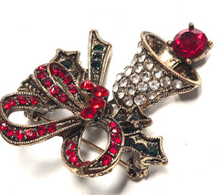 Modern Festive Rhinestone Christmas Holly Dangle Bell With Ribbon Pin / Brooch