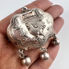 Large Antique Chinese Lock Charm Silver 999 Ethnic Pendant Amulet Rooster Bells