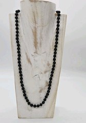 Black Glass Beaded Necklace Hand-Knotted MJ Signed Clasp Gold tone 26 in