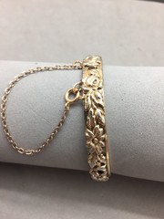 Gold Tone Hinged Bracelet Floral Relief 7″ x 9mm Wide Vintage Safety Chain