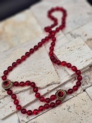 VINTAGE Judith McCann NY Red Glass Bead Gold Tone Necklace 25” GORGEOUS