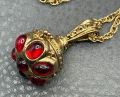 Vintage 1928 Gripoix Style Red Cabochon Pill Box Pendant Necklace 28”