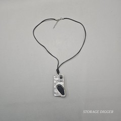 Vintage Silver Tone Metal with Black Onyx Pendant on Cord Necklace 31″ Long