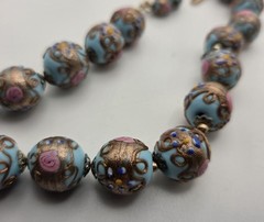 3 pc Set Necklace Earrings Vtg Italy Wedding Cake Beads Glass Blue Gold Pink