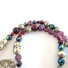 Bold 80s Eclectic Boho Roxsann Purple Floral Pewter Repousse Statement Necklace