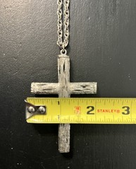 Brutalist Cross Necklace Large Rustic Pendant Wood Look Silver Tone Christian