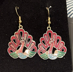 VTG Cloisonne Enamel Earrings Red Pink Gold Peacocks Birds~ Pierced 1″