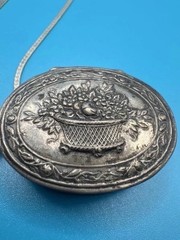 Antique 800 Silver Repousse Floral Basket Pill Box Pendant 925 16” Chain