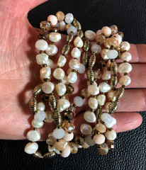 Cultured Freshwater Pearl Endless Strand Necklace Gold Bronze Crystal Beads 6018