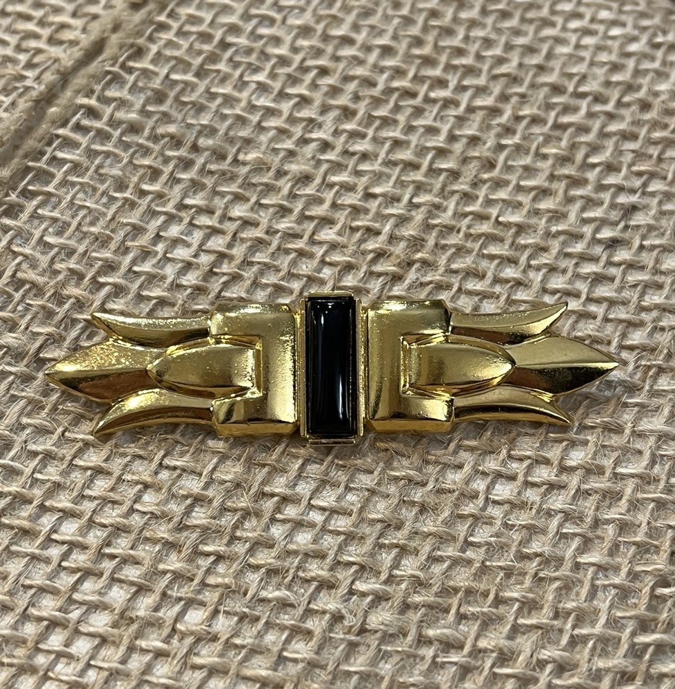 Vintage Gold Tone Rectangular ART DECO Faux Black Onyx Brooch Pin 2.5″