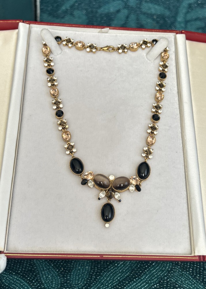 Vtg. Sign One Ligne (Paris) Gold Tone Warm Colors Necklace 16” Nice