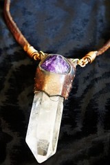 Artisan Created NECKLACE of Leather Wrapped Quartz Point and Purple Amethyst