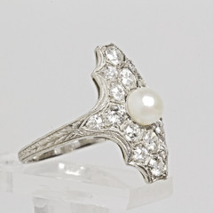 Antique Edwardian Platinum Pearl Diamond Plaque Ring 2.50CTW Old European Cut
