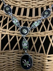 Vintage Art Deco Style Filigree Floral Enamel Black Glass Delicate Necklace 14”
