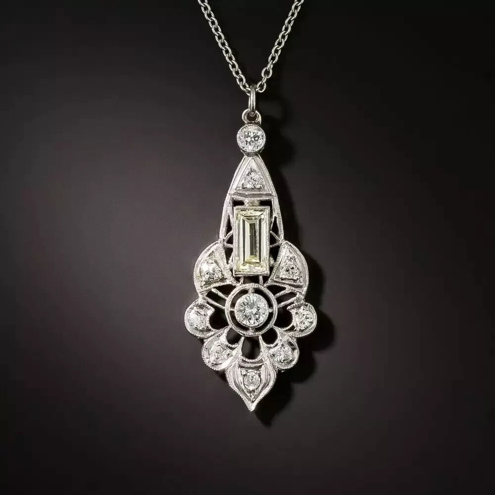 Art Deco Vintage Style 3Ct Lab Created Diamond Wedding 14K White Gold FN Pendant