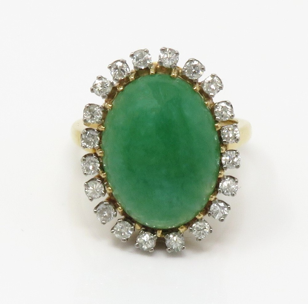 NYJEWEL 18k Two Tone Gold Jade & 20 Diamonds Halo Ring