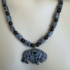 VTG Pendant Necklace 19 Inch Carved Buffalo Snowflake Obsidian Black Onyx Beads