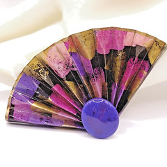 Purple Hue Art Paper Fan Brooch Pin Artist Signed Acrylic Glaze Origami Style
