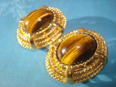 Vtg.St.JOHN LOT (2) EARRINGS OVAL TIGER’s EYE GOLD/T, BLACK ENAMEL RHINESTONES