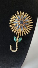Signed Weiss Rhinestone Flower Brooch Blue Green Crystal Gold Tone Vintage