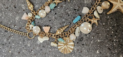 CHARMING CHARLIE Turquoise Bead Gold-tone Starfish Seashell Double Layer Necklac