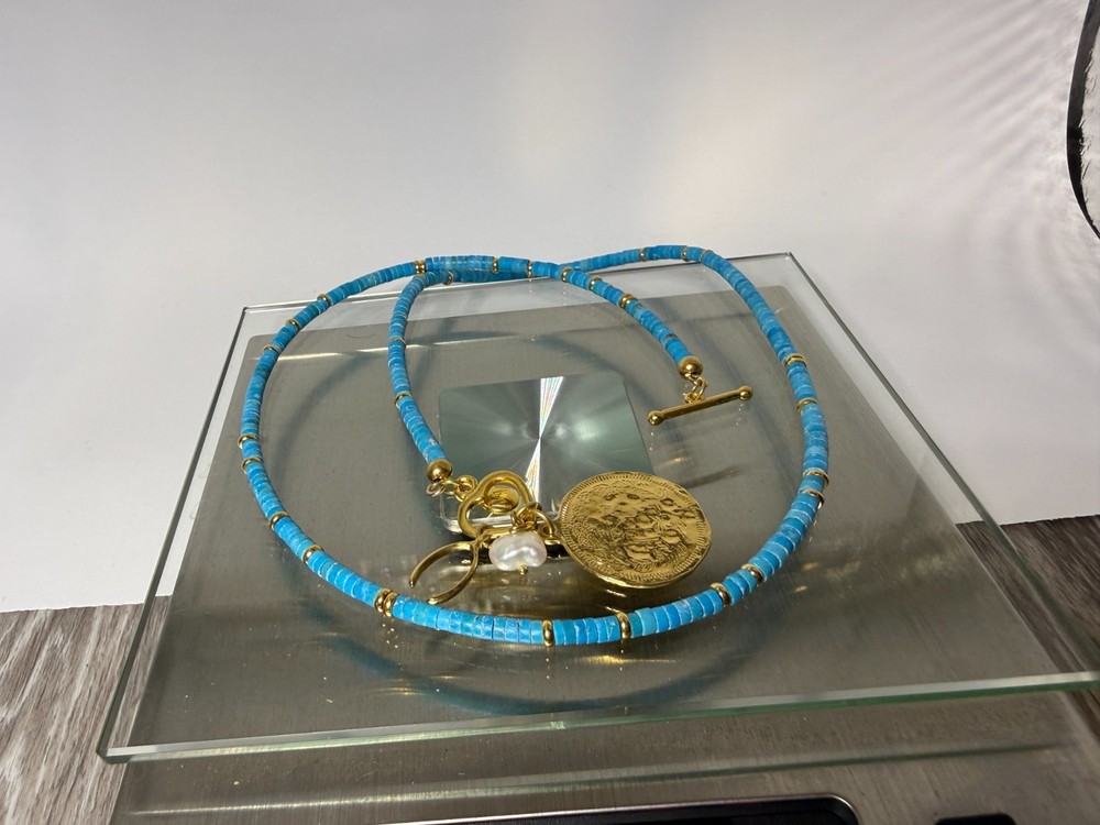 Mayamar (24K Gold Plate) Pearl & Charm Turquoise bead 21″ Necklace Yellow (NEW)