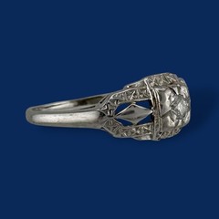 Vintage Art Deco 14K White Gold Old European Cut Diamond Filigree Ring Size 7