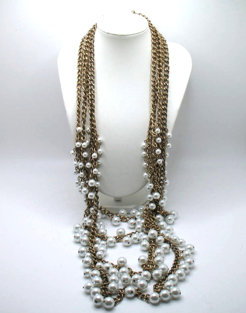 Vintage RJ Graziano 4-strand faux pearl and goldtone chain statement necklace