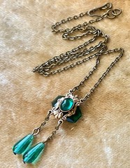 Vintage Necklace Delicate Art Nouveau Brass Pendant Antique Green Czech Glass